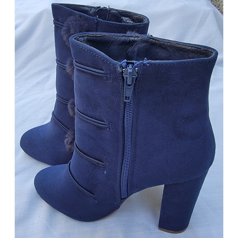 Isabella Navy Blue Faux Suede Pom Pom Ankle Boots Block Heel Size 7.5 Just Fab